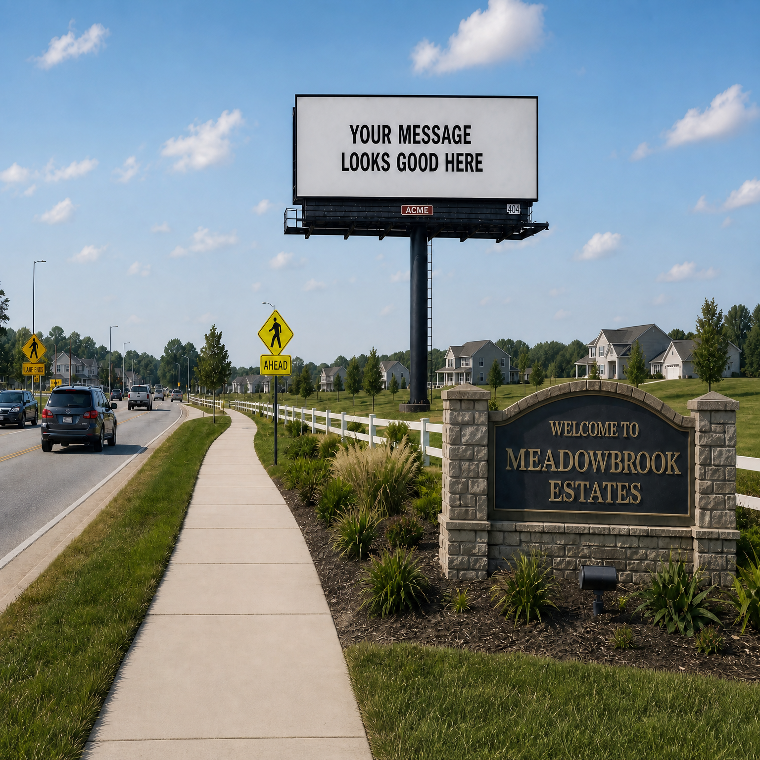 Billboard 404 standing over a new subdivision, Meadowbrook Estates