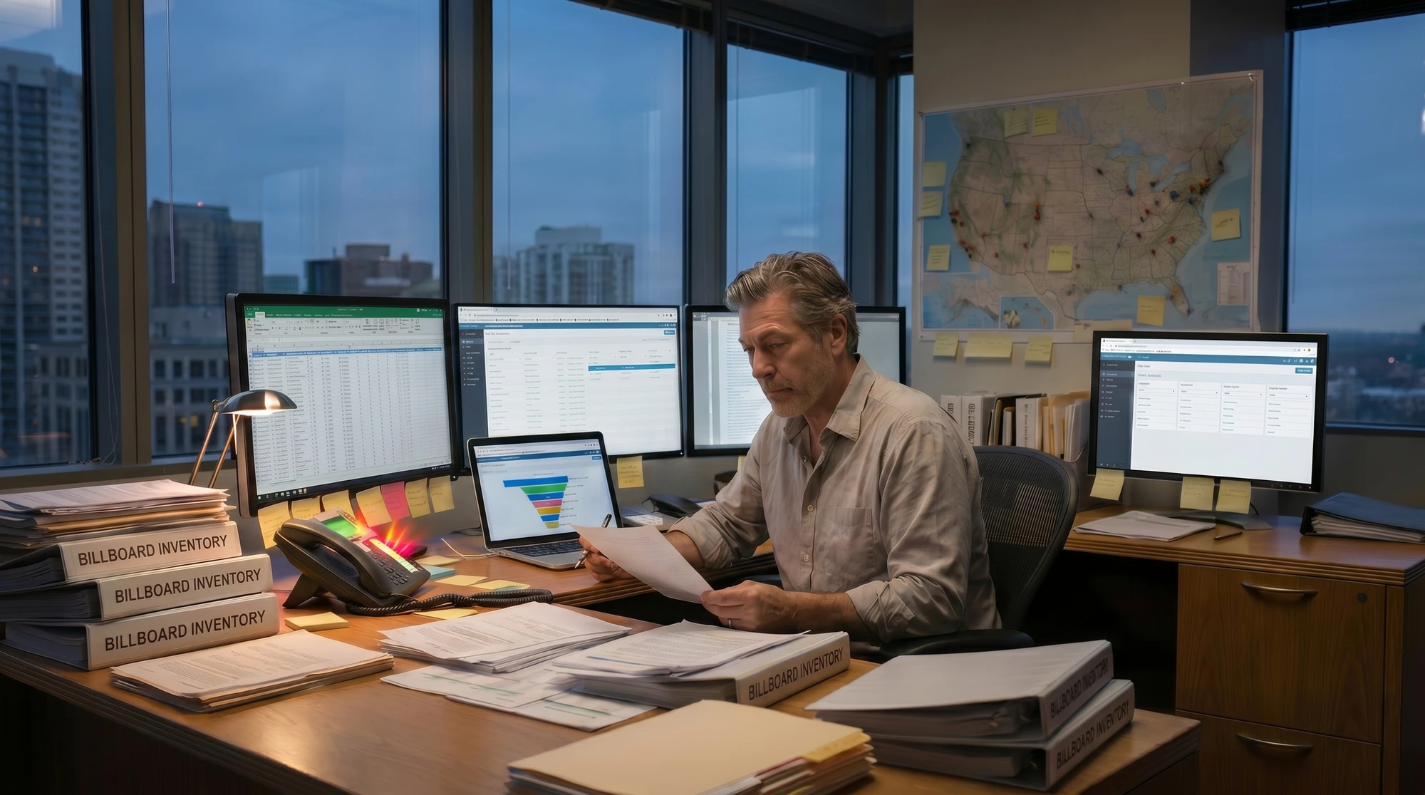 Overwhelmed OOH operator at a desk surrounded by billboard inventory binders
